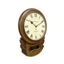 Bryant of London - oak cased single fusee drop dial wall clock, with carved ears, pendulum viewing glass, and pendulum regulation door, 12
