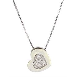 9ct white gold pave set diamond heart pendant, on 18ct white gold box link chain necklace