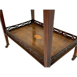 Late Victorian inlaid rosewood trolley, swivelling moulded rectangular drop leaf top over single frieze drawer, the lower tier with pierced gallery and inlaid with fan motif, on square tapering supports with brass and ceramic castors