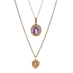 Gold oval amethyst pendant necklace and gold heart pendant necklace, all 9ct hallmarked or tested