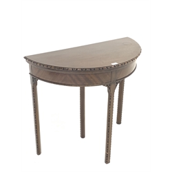 Chippendale style demi lune card table, fold over top revealing baize lined playing surface over beaded moulding, raised on four carved and chamfered square supports, W84cm