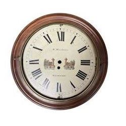W. Moorhouse of Wetherby -  single fusee movement wall clock c 1830, with a mahogany wooden dial bezel, 14” painted dial, Roman numerals, minute track and a painted depiction of two identical river bridges within a brass bezel.