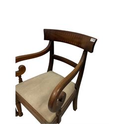 Pair of mahogany regency design elbow chairs, the shaped cresting rail over scrolled arms and drop in seat pad, raised on octagonal supports 