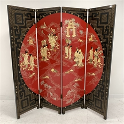 Early 20th century black lacquered and gilt Japanese style four panel dressing screen, red circular field decorated with Shibayama figures, W184cm, H183cm