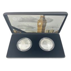 The Royal Mint United Kingdom 2017 'Chimes of History' reverse frosted one ounce silver proof two coin set, cased with certificate