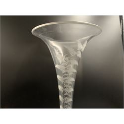 Victorian glass table centrepiece, with central trumpet vase and bowl with fern etched decoration on circular foot, H33cm 