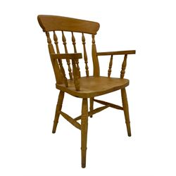 Set eight (6+2) beech kitchen chairs, high spindle back with saddle seat, raised on turned supports united by H-stretcher 