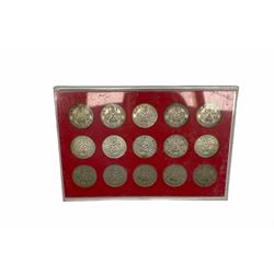 Great British coins including one shilling and sixpence coins housed in plastic displays with pre 1947 silver examples, various other unofficial coin displays, King George VI 1950, 1951 and Queen Elizabeth II 1953 pennies in a case, silver proof ten pence two coin set without certificate etc