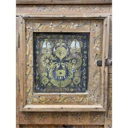 Indian hardwood hutch painted with all over interlaced floral design, the central door enclosed by two mirrored panels, raised on stile supports W170cm, H121cm, D48cm