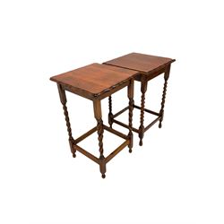 Near pair of oak occasional tables, the square top with moulded edge, raised on spiral turned and square supports W46cm, H72cm, D46cm