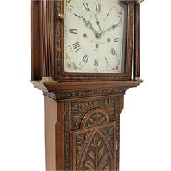 Late 18th century -  8-day longcase in a later carved oak case, with a painted dial and an earlier three train ting-tang quarter striking movement on three bells, Pagoda pediment with brass ball and spire finials, break arch hood door flanked by reeded pilasters, trunk with canted corners and a break arch door on a rectangular plinth raised on a decorative base, painted dial with floral spandrels and a depiction of  two birds to the arch, dial inscribed Thomas Husband of Hull, with Roman numerals, five minute Arabic's and seconds dial, dial pinned via a false plate to a rack striking movement with three bells. With three weights, pendulum and key.