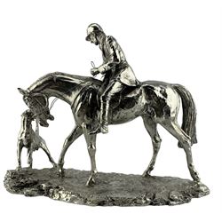 20th century silver-plated model of a Huntsman on Horse and Hound, on naturalistic rocky base, L33cm x H26cm 