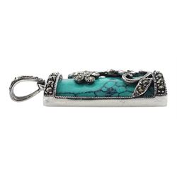 Silver turquoise and marcasite rectangular pendant, stamped 925