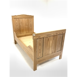 19th century pine single bedstead, with panelled head and foot board with applied beaded moulding
