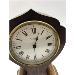 Art Nouveau period inlaid mahogany mantel clock timepiece, circular white enamel Roman dial, single train driven movement stamped with lion for Richard & Co., H23cm