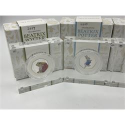 Four The Royal Mint United Kingdom 2017 'Beatrix Potter' silver proof fifty pence coins, comprising 'Mr Jeremy Fisher', 'Peter Rabbit', 'Tom Kitten' and 'Benjamin Bunny', all cased with certificates (4)