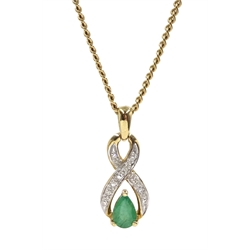 9ct gold pear shaped emerald and diamond pendant necklace, hallmarked