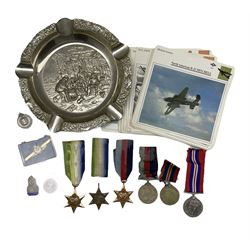 Various WWII medals including two War medals, Defence Medal, two 1939-45 Stars, Atlantic Star, five silver fobs, etc