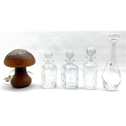 Monart style amber glass table lamp in the form of a toadstool with mottled decoration H26cm and four glass decanters