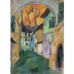 Clarette Wachtel (Romanian 1926-2011): Abstract Street Scene at Sunset, pastel unsigned 23cm x 17cm