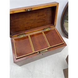 Victorian mahogany tea caddy with inlaid chequer strung borders, the interior containing three canisters L25.5cm, set of three copper cider measures, Georgian oval needlework picture on silk and a Victorian mahogany scent bottle case (6)