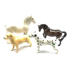 Group of Beswick comprising a Grey Dapple Shire Horse, Bay Horse together, Labrador and Dalmatian (4) 