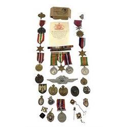 Collection of WWII medals including trio of War Medal, Defence Medal and Italy Star, German Afrika Korps cap badge, German wound badge, Polish Cross of Merit and Defenders Medal, Royal Engineers badges etc 