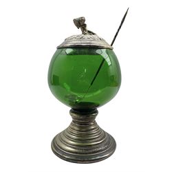 20th century green glass punch bowl with silver-plated mounts, cover and pedestal base, together with a 19th century ladle (2)