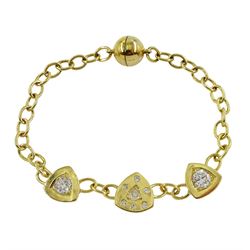 18ct gold diamond bracelet, three triangular links set with round brilliant cut diamonds, on magnetic clasp, two largest diamonds approx 0.30 carat each