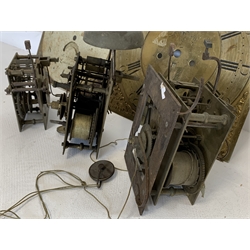  Two eight day Longcase clock movements, (W14cm) a 30 hour longcase clock movement, (W10cm) and two dials (W35cm)  
