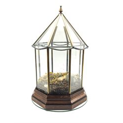 20th century leaded glass terrarium of octagonal form with lift off cover and wooden base, H47cm 