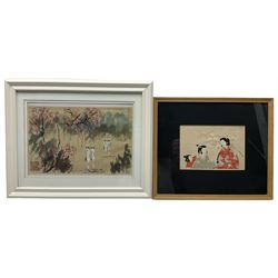 Vietnamese School (19th/20th century): Figures with Cherry Blossom, watercolour signed with artist's seal 19cm x 29cm; Japanese School (19th/20th century): Women with Cherry Blossom Branch, woodblock print 12cm x 18cm (2)