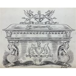 Sir Francis Carruthers Gould (British 1844-1923): 'Mr Chamberlain's Gold Casket', pen and ink caricature cartoon depicting Joseph Chamberlain with City of Westminster arms above signed, inscribed 'Westminster Gazette' and dated 1899 on the mount 19cm x 24cm (unframed)