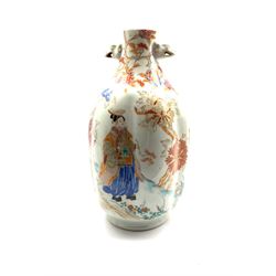 19th Century Japanese vase of lobed baluster design decorated  with figures and flowers with animal head handles and six character mark to base H28cm