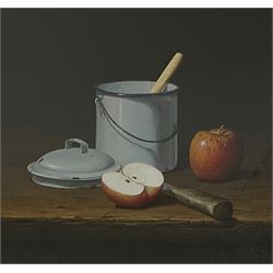 J Mostin (British contemporary): 'Billy Can with Apple', oil on canvas signed and dated 2004, 27cm x 30cm