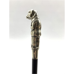 Late Victorian ebonised walking cane, the finial modelled as a silver Anthropomorphic Pig wearing a suit and monocle, Birmingham, 1905 makers mark T.D, with earlier silver collar dated 1892, L93cm 