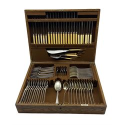 Mappin & Webb part canteen of silver-plated cutlery in oak case, cased set of six silver teaspoons, London 1924, Walker & Hall silver pickle for, pair of antler handled fish knives etc 