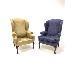 Pair of antique design wing back armchairs, upholstered in gold and blue floral damask fabric respectively, raised on walnut cabriole supports, W80cm