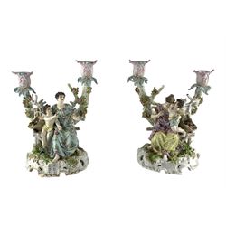 Pair of late 19th/early 20th century German porcelain two branch candelabra with seated female figures and putti with baskets of flowers and fruit on rococo style bases H26cm