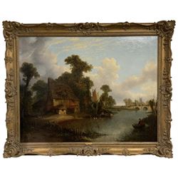 Joseph Paul (British 1804-1887): River View with Cottage and Boaters near Norwich, oil on canvas unsigned, attributed on frame 69cm x 90cm