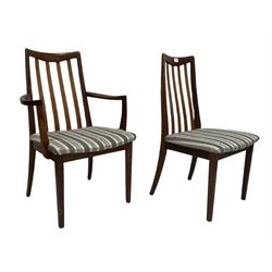 G-Plan - 20th century set six (2+4) teak dining chairs, the shaped cresting rail over slat back and upholstered seat, raised on square supports 