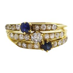 18ct gold diamond and sapphire trinity ring, the central row set with diamonds, the outer two rows set with sapphires and diamonds