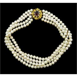 Four strand cultured pearl choker necklace, with 18ct gold oval cut garnet and round brilliant cut diamond clasp, with original receipt