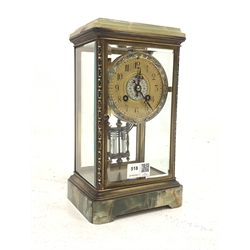 Late 19th century onyx, brass and cloisonné four glass mantle clock, stepped moulded top over bevel glazed body with cloisonné detail, gilt dial with Roman numeral chapter ring, eight day movement with mercury pendulum, striking the hours hammer on coil 