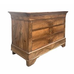19th century continental walnut mule chest, the hinged top section over two drawers to base, raised on bracket supports W138cm, H92cm, D63cm