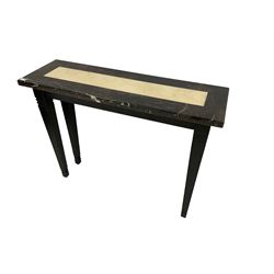 Console side table with rectangular two-tone lacquered marble top on ebonsided tapered supports 