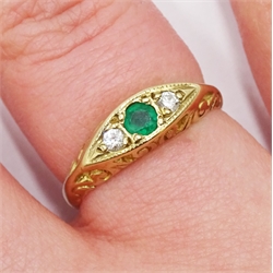 9ct gold three stone emerald and diamond ring, hallmarked