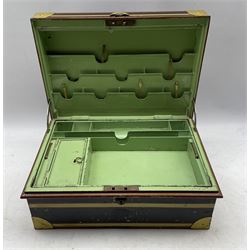 The Diamond Jubilee Patent Despatch Box, Alliboy Vallijee & Sons, Mooltan, India, the rectangular Japanned metal box with gilt bandings, the hinged cover enclosing a fitted lift-out tray, side carrying handles, L45cm x D31cm 