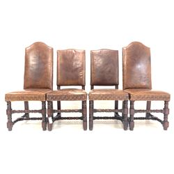 Set four (2+2) 18th century design oak high back dining chairs, upholstered in brown leather, raised on bobbin turned and block supports W48cm