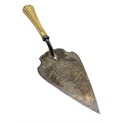 Silver and ivory handled presentation trowel 'Laying of the Foundation Stone of the First Housing Scheme at Ferrybridge 1920' Sheffield 1908 Maker Pearce & Sons, length of blade 19cm